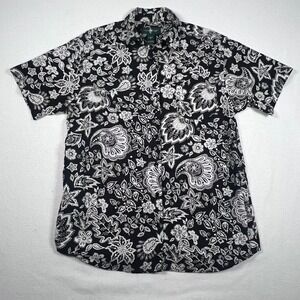Hunt Club Black White‎ Floral Paisley Button Up Short Sleeve Shirt Size Small